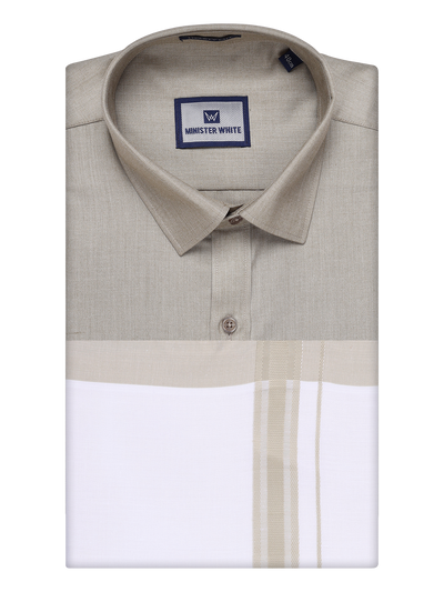 Mens Cotton Light Olive Matching Shirt and Dhoti Combo Luster by Minister White