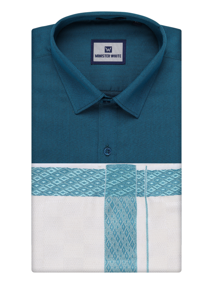 Men's Cotton Steel Blue Shirt and Airtex Matching Border Dhoti Combo Nector