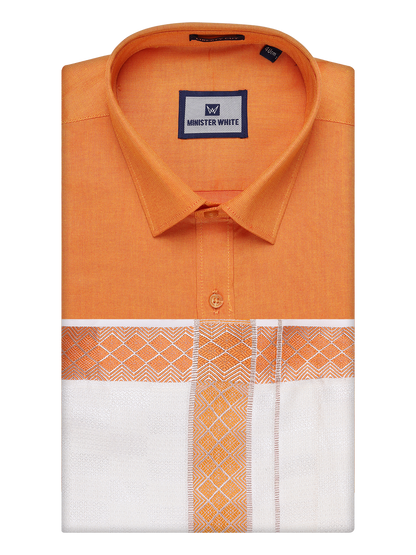 Men's Cotton Orange Shirt and Airtex Matching Border Dhoti Combo Nector