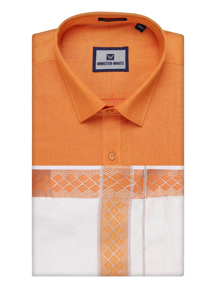Men's Cotton Orange Shirt and Airtex Matching Border Dhoti Combo Nector