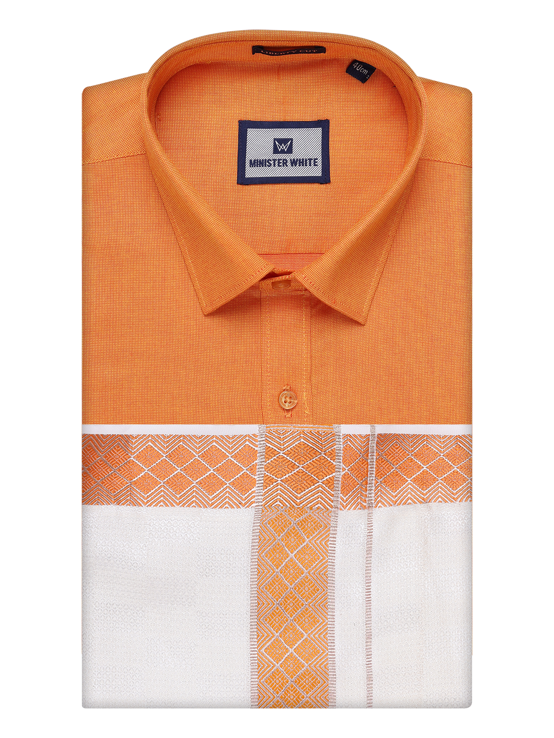 Mens Cotton Orange Shirt and Airtex Matching Border Dhoti Combo Nector