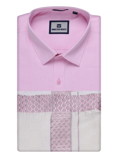 Men's Cotton Light Rose Shirt and Airtex Matching Border Dhoti Combo Nector