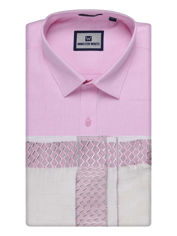 Men's Cotton Light Rose Shirt and Airtex Matching Border Dhoti Combo Nector