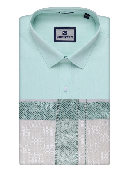 Men's Cotton Sea Green Shirt and Airtex Matching Border Dhoti Combo Nector
