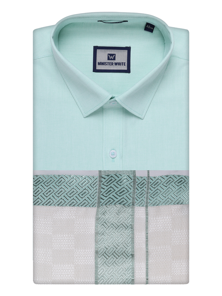 Men's Cotton Sea Green Shirt and Airtex Matching Border Dhoti Combo Nector
