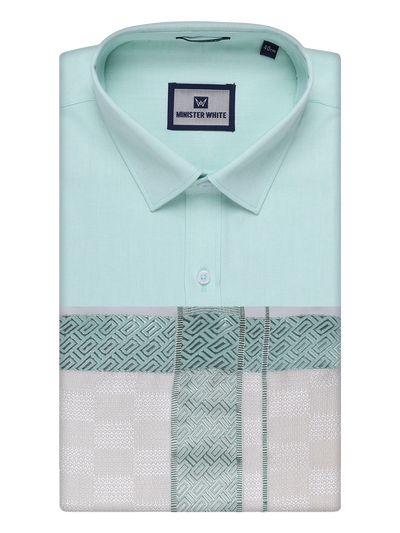 Men's Cotton Sea Green Shirt and Airtex Matching Border Dhoti Combo Nector
