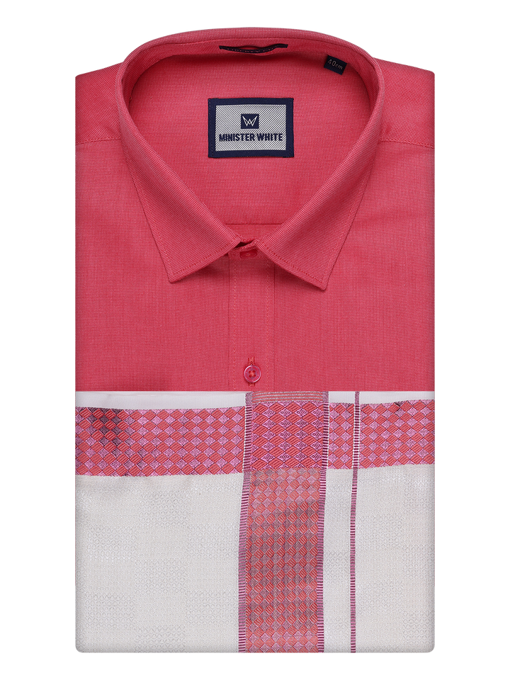 Men's Cotton Dark Pink Shirt and Airtex Matching Border Dhoti Combo Nector