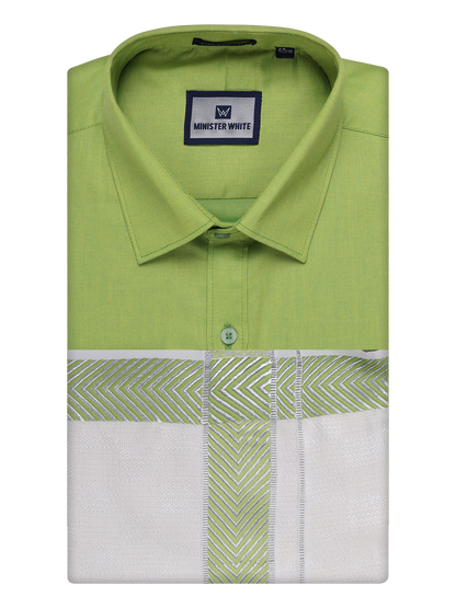 Men's Cotton Parrot Green Shirt and Airtex Matching Border Dhoti Combo Nector