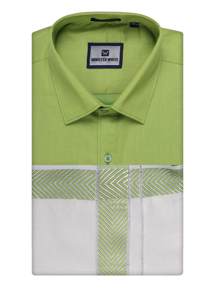 Men's Cotton Parrot Green Shirt and Airtex Matching Border Dhoti Combo Nector
