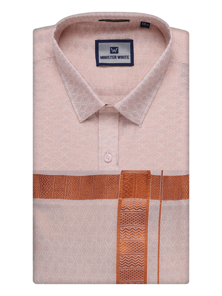 Mens Copper Tissue Jacquard Shirt with Matching Dhoti Combo Zeus by Minister White