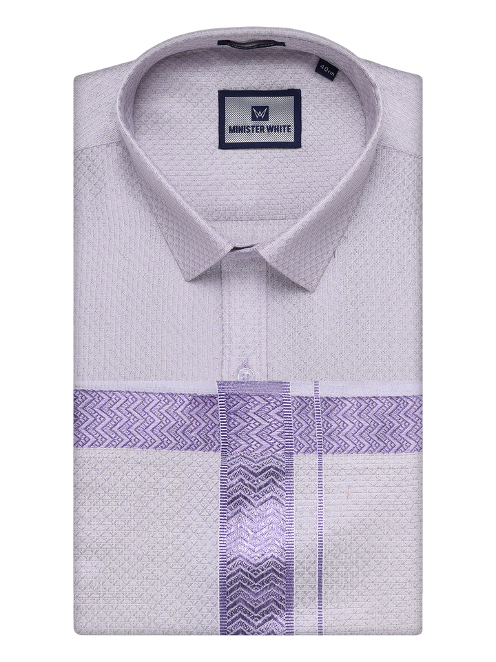 Mens Lavender Tissue Jacquard Shirt with Matching Dhoti Combo Zeus by Minister White