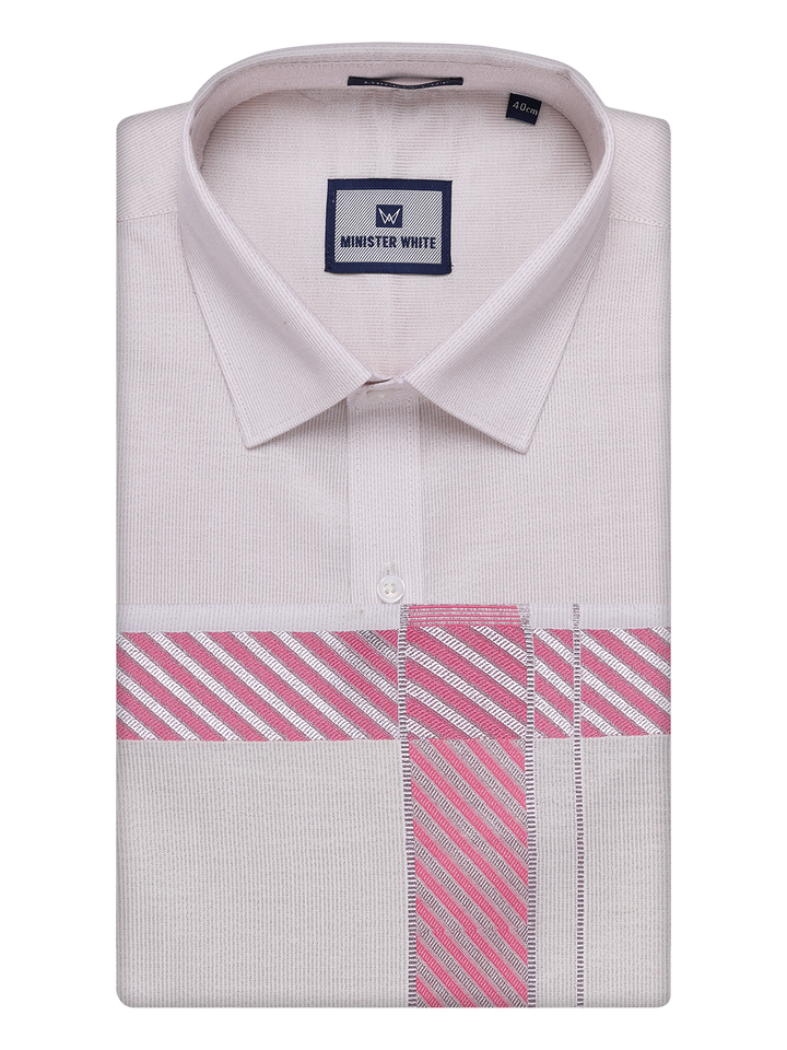 Mens Light Rose Tissue Stripe Shirt and Dhoti Combo with Jacquard Border Kane by Minister White