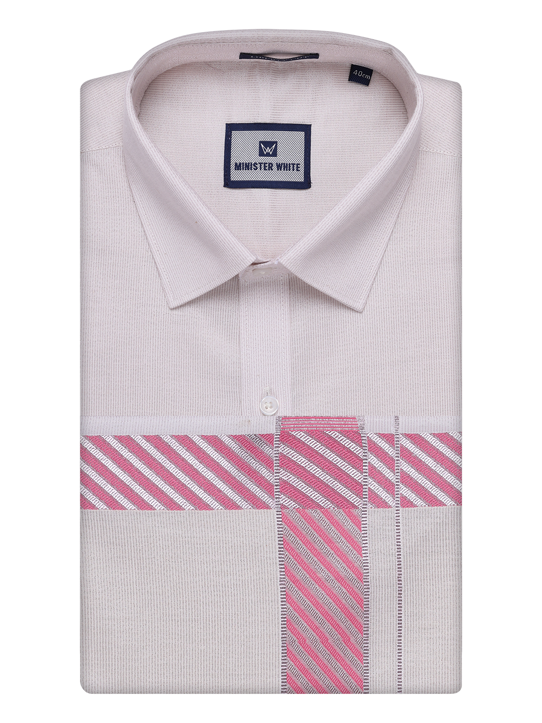 Mens Light Rose Tissue Stripe Shirt and Dhoti Combo with Jacquard Border Kane by Minister White