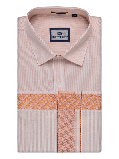 Mens Copper Tissue Stripe Shirt and Dhoti Combo with Jacquard Border Kane by Minister White