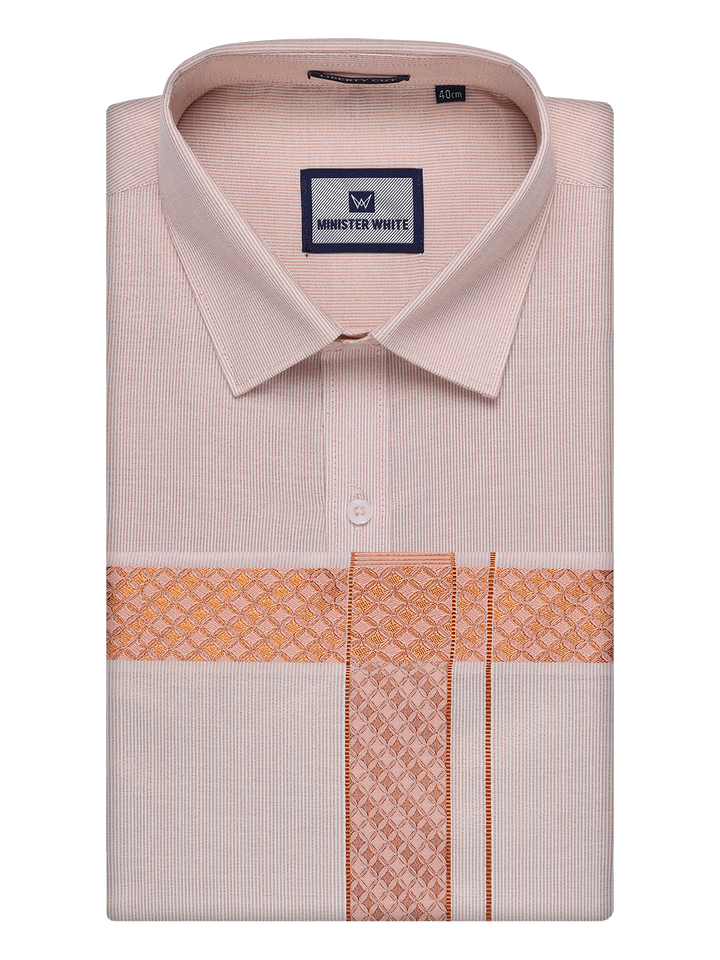 Mens Copper Tissue Stripe Shirt and Dhoti Combo with Jacquard Border Kane by Minister White