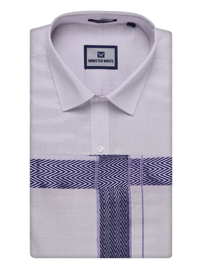 Mens Lavender Tissue Stripe Shirt and Dhoti Combo with Jacquard Border Kane by Minister White