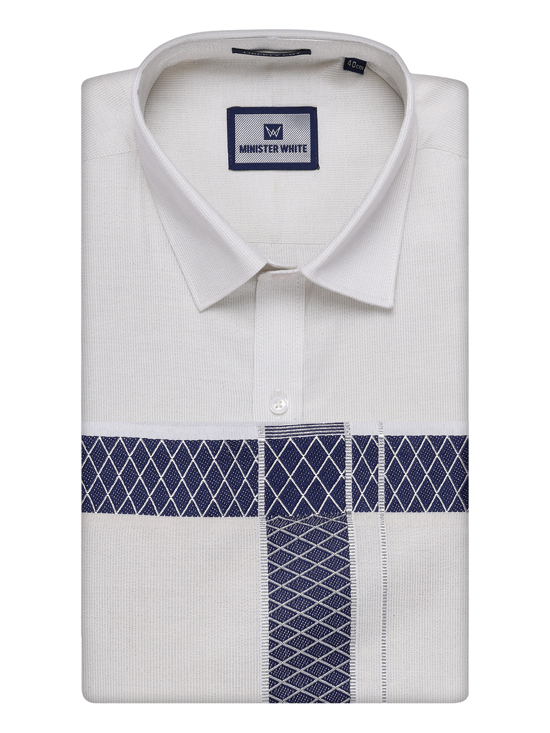 Mens Silver Tissue Stripe Shirt and Dhoti Combo with Jacquard Border Kane by Minister White