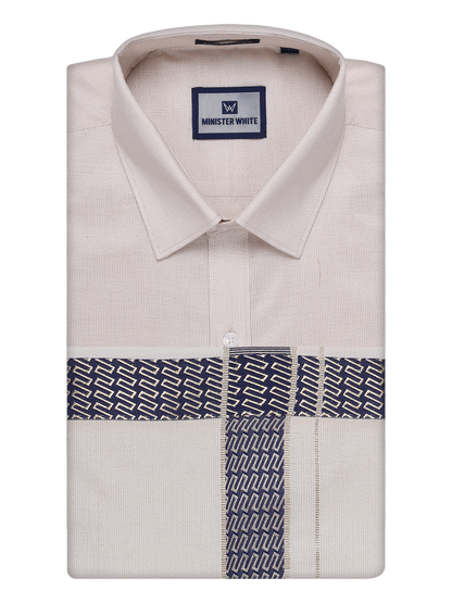 Men's Beige Tissue Stripe Shirt and Dhoti Combo with Jacquard Border Kane by Minister White