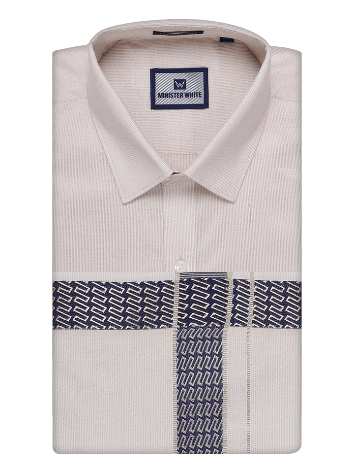 Men's Beige Tissue Stripe Shirt and Dhoti Combo with Jacquard Border Kane by Minister White