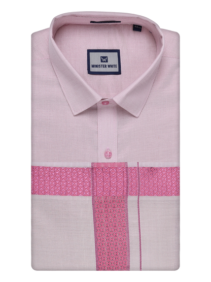 Mens Rose Tissue Stripe Shirt and Dhoti Combo with Jacquard Border Kane by Minister White