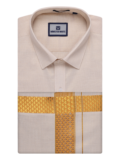 Mens Gold Tissue Stripe Shirt and Dhoti Combo with Jacquard Border Kane by Minister White