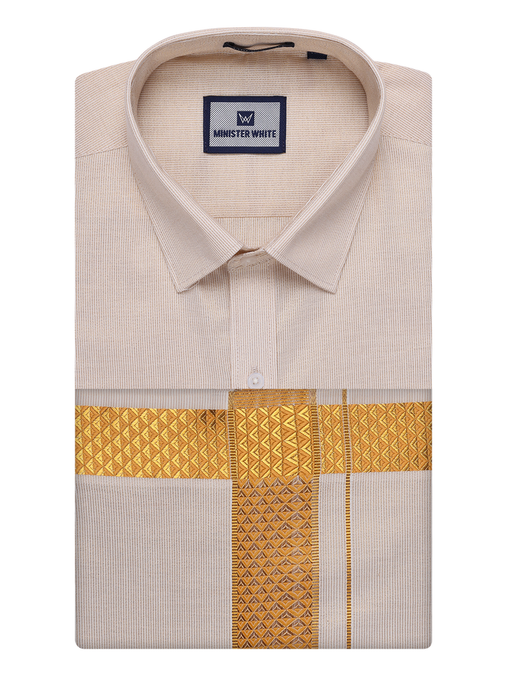 Mens Gold Tissue Stripe Shirt and Dhoti Combo with Jacquard Border Kane by Minister White