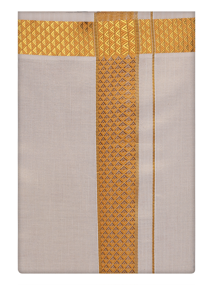 Mens Gold Tissue Stripe Dhoti with Jacquard Border by Minister White