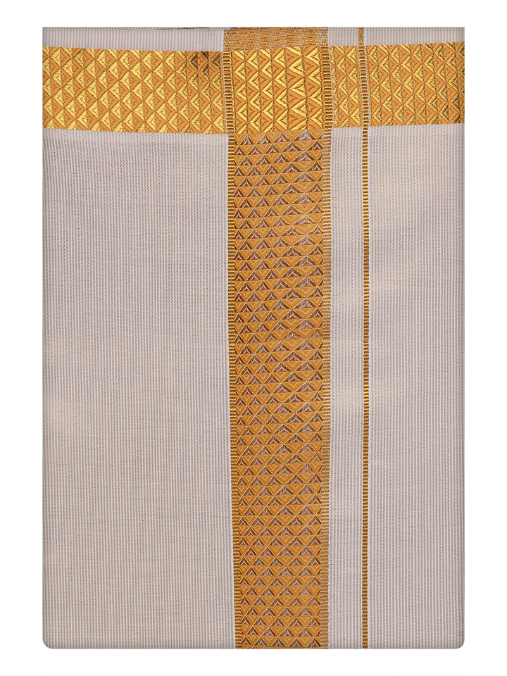 Mens Gold Tissue Stripe Dhoti with Jacquard Border by Minister White