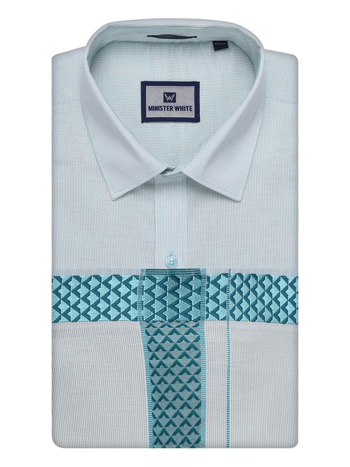 Mens Mint Blue Tissue Stripe Shirt and Dhoti Combo with Jacquard Border Kane by Minister White