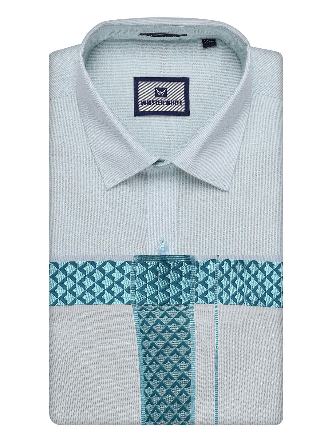 Mens Mint Blue Tissue Stripe Shirt and Dhoti Combo with Jacquard Border Kane by Minister White