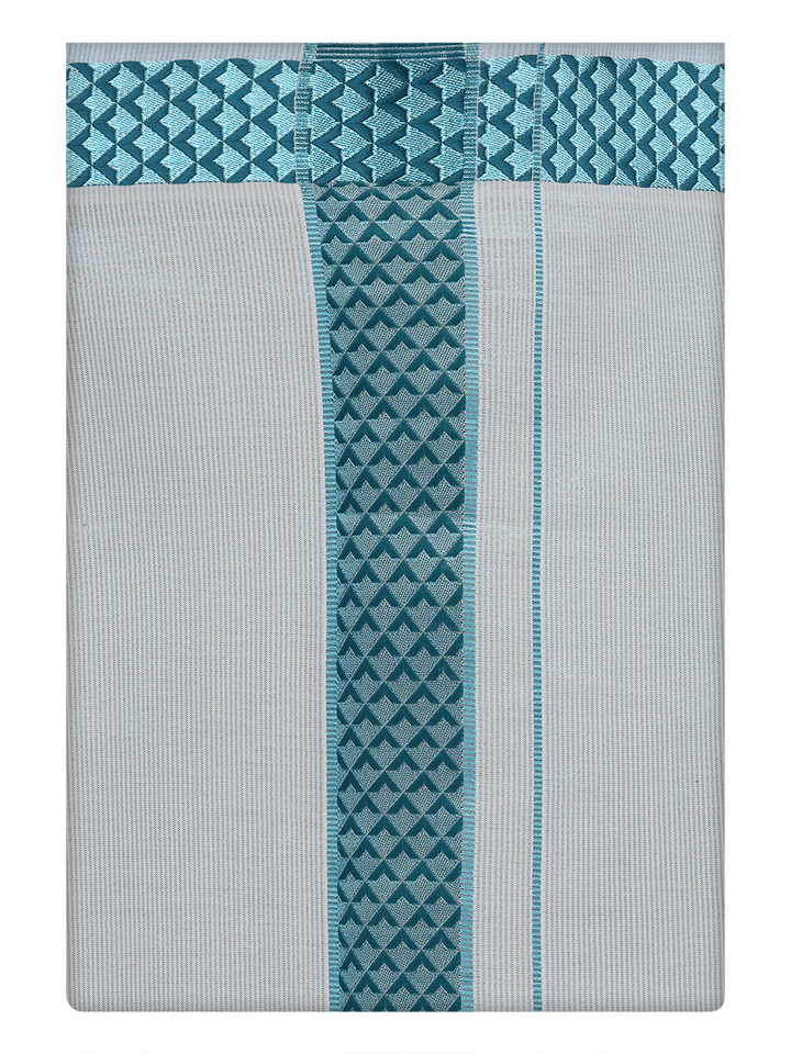 Mens Tissue Mint Blue Color Jacquard Border Dhoti by Minister White
