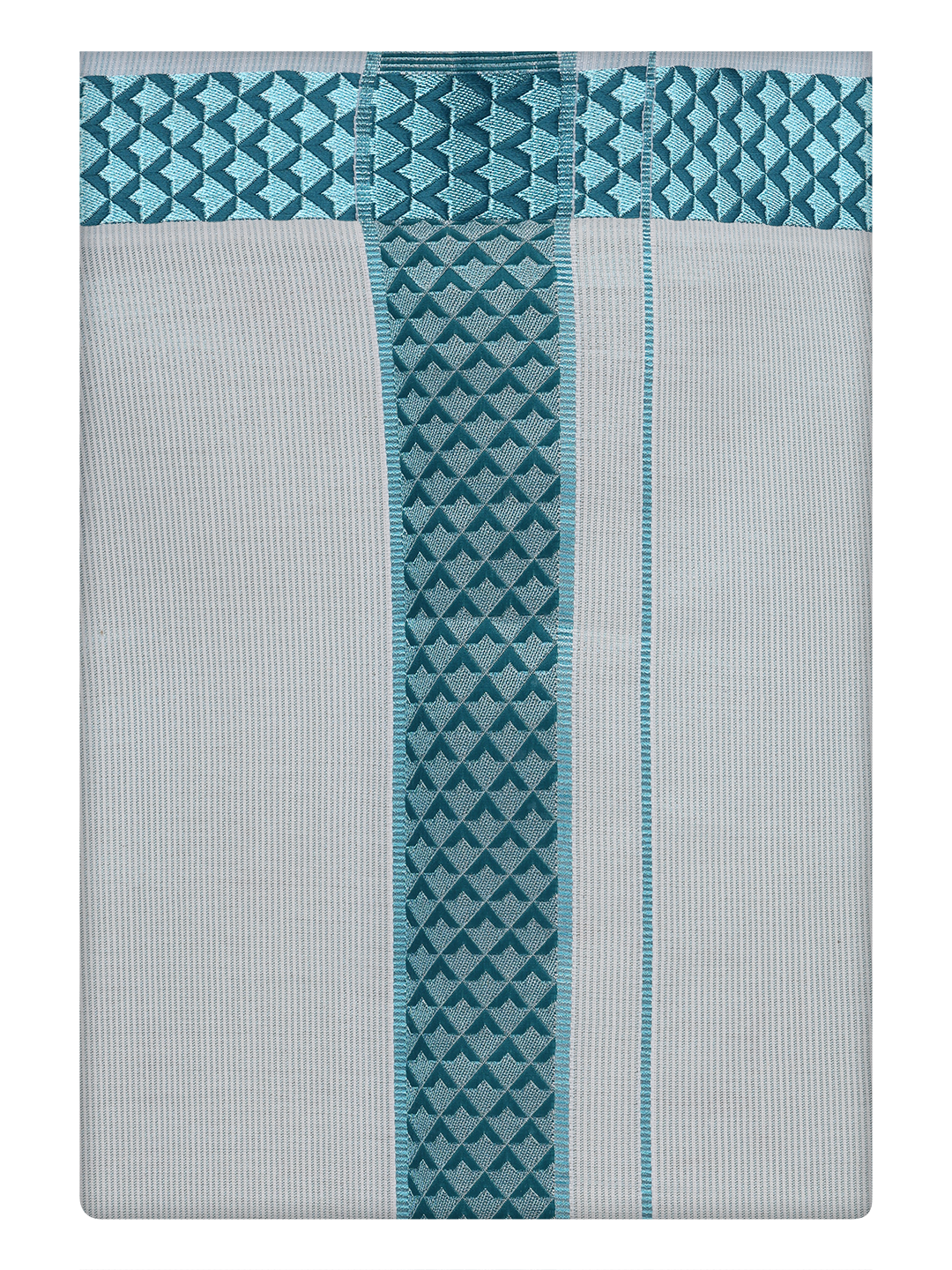 Mens Tissue Mint Blue Color Jacquard Border Dhoti by Minister White