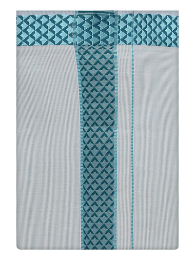 Mens Tissue Mint Blue Color Jacquard Border Dhoti by Minister White