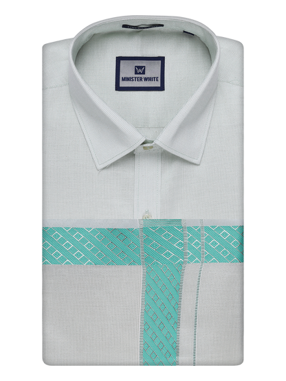 Mens Sky Green Tissue Stripe Shirt and Dhoti Combo with Jacquard Border Kane by Minister White
