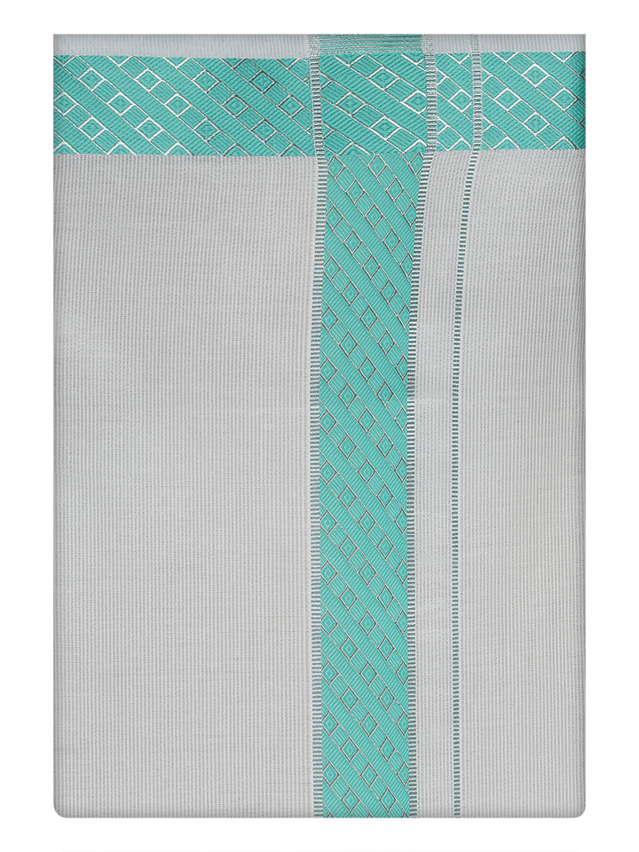 Mens Tissue Sky Green Color Jacquard Border Dhoti by Minister White
