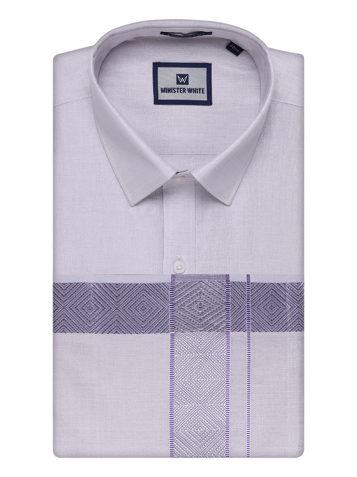 Mens Lavender Tissue Shirt and Dhoti Set with Intricate Jacquard Border Plum by Minister White