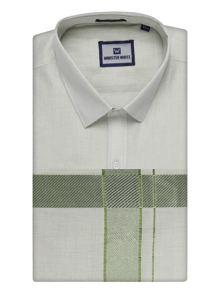 Mens Sky Green Tissue Shirt and Dhoti Set with Intricate Jacquard Border Plum by Minister White