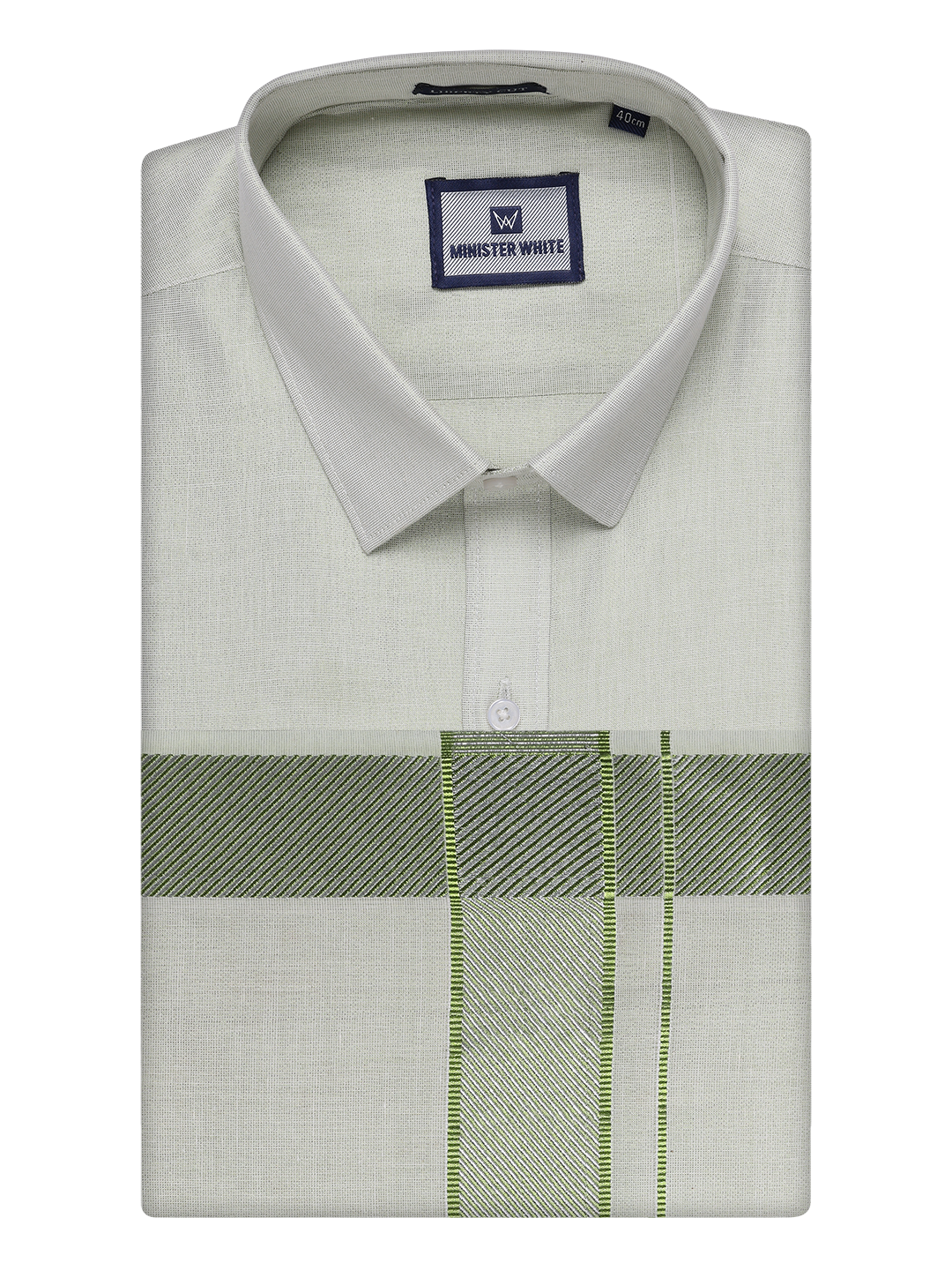 Mens Sky Green Tissue Shirt and Dhoti Set with Intricate Jacquard Border Plum by Minister White