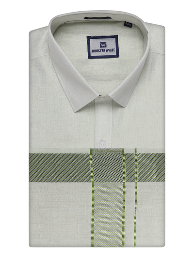 Mens Sky Green Tissue Shirt and Dhoti Set with Intricate Jacquard Border Plum by Minister White