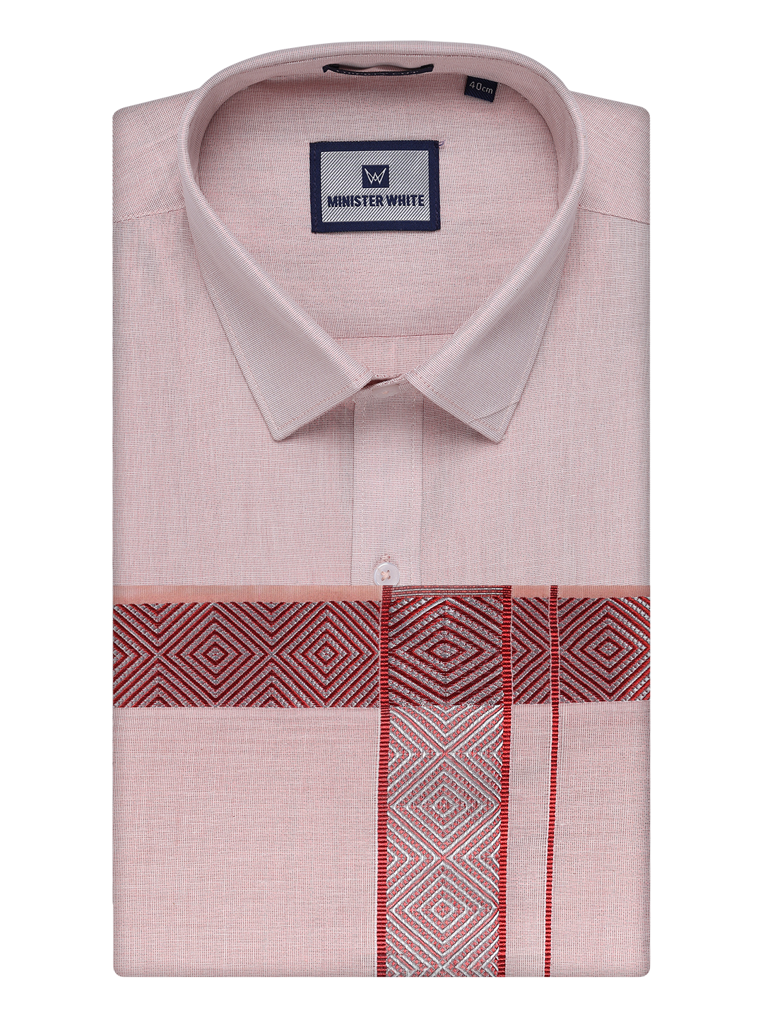 Mens Maroon Tissue Shirt and Dhoti Set with Intricate Jacquard Border Plum by Minister White