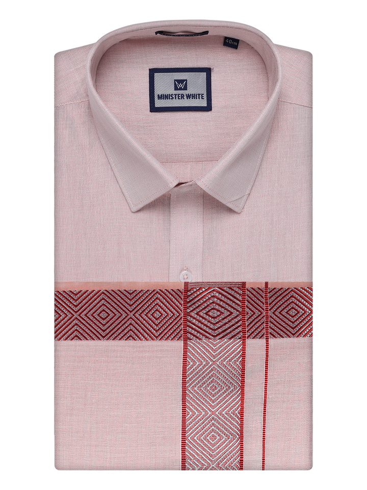 Mens Maroon Tissue Shirt and Dhoti Set with Intricate Jacquard Border Plum by Minister White
