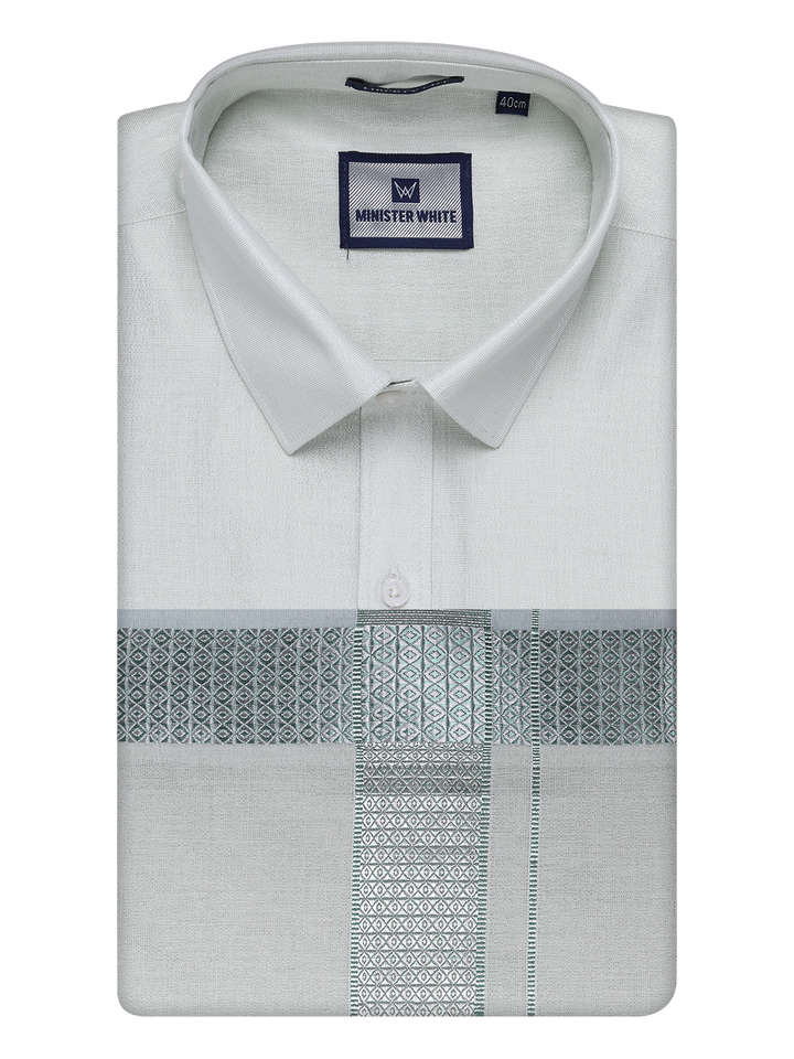 Mens Leaf Green Tissue Shirt and Dhoti Set with Intricate Jacquard Border Plum by Minister White
