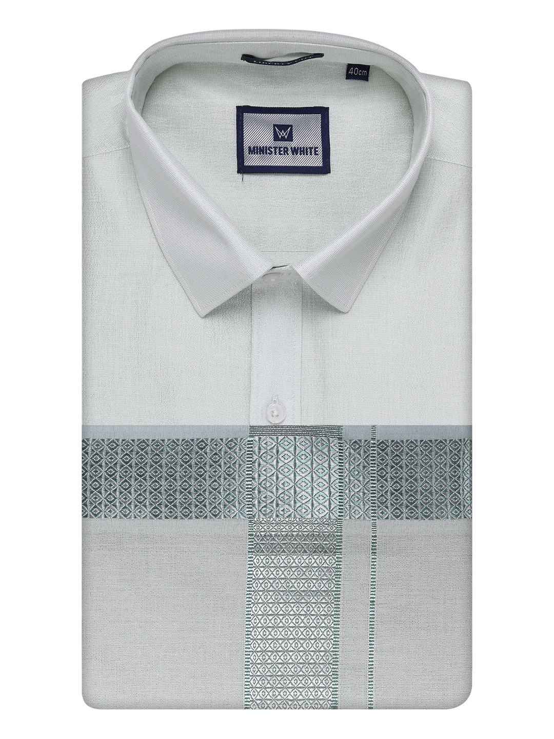 Mens Leaf Green Tissue Shirt and Dhoti Set with Intricate Jacquard Border Plum by Minister White