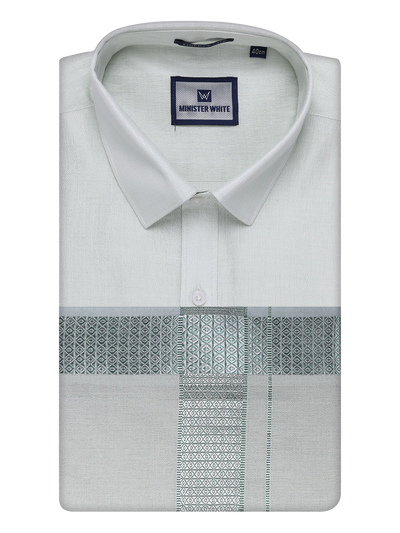 Mens Leaf Green Tissue Shirt and Dhoti Set with Intricate Jacquard Border Plum by Minister White