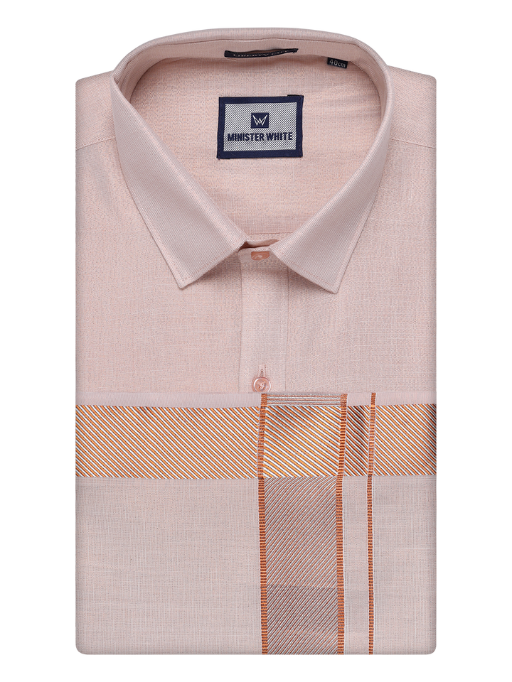 Mens Copper Tissue Shirt and Dhoti Set with Intricate Jacquard Border Plum by Minister White