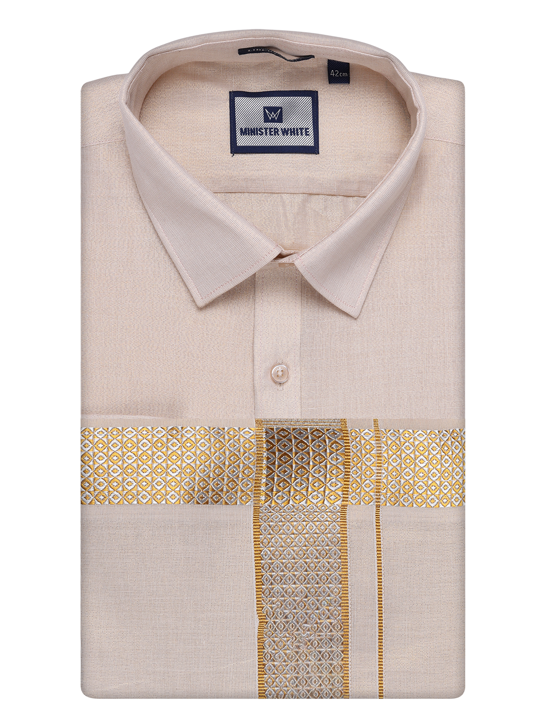 Mens Gold Tissue Shirt and Dhoti Set with Intricate Jacquard Border Plum by Minister White