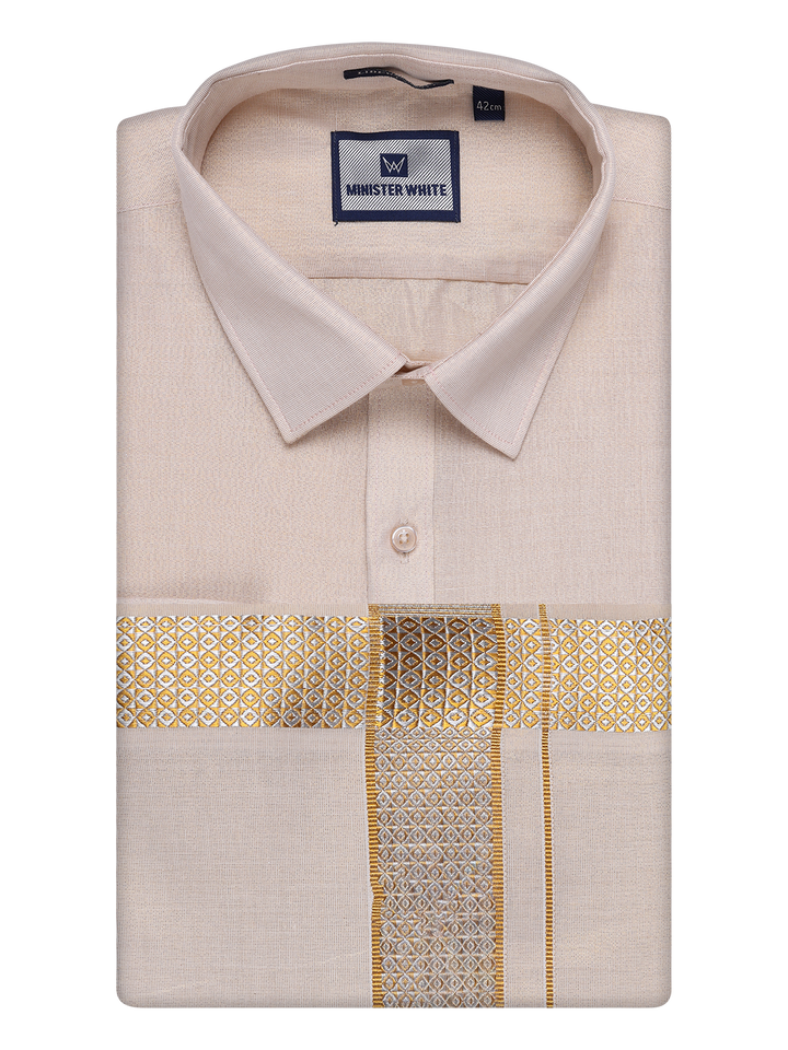 Mens Gold Tissue Shirt and Dhoti Set with Intricate Jacquard Border Plum by Minister White