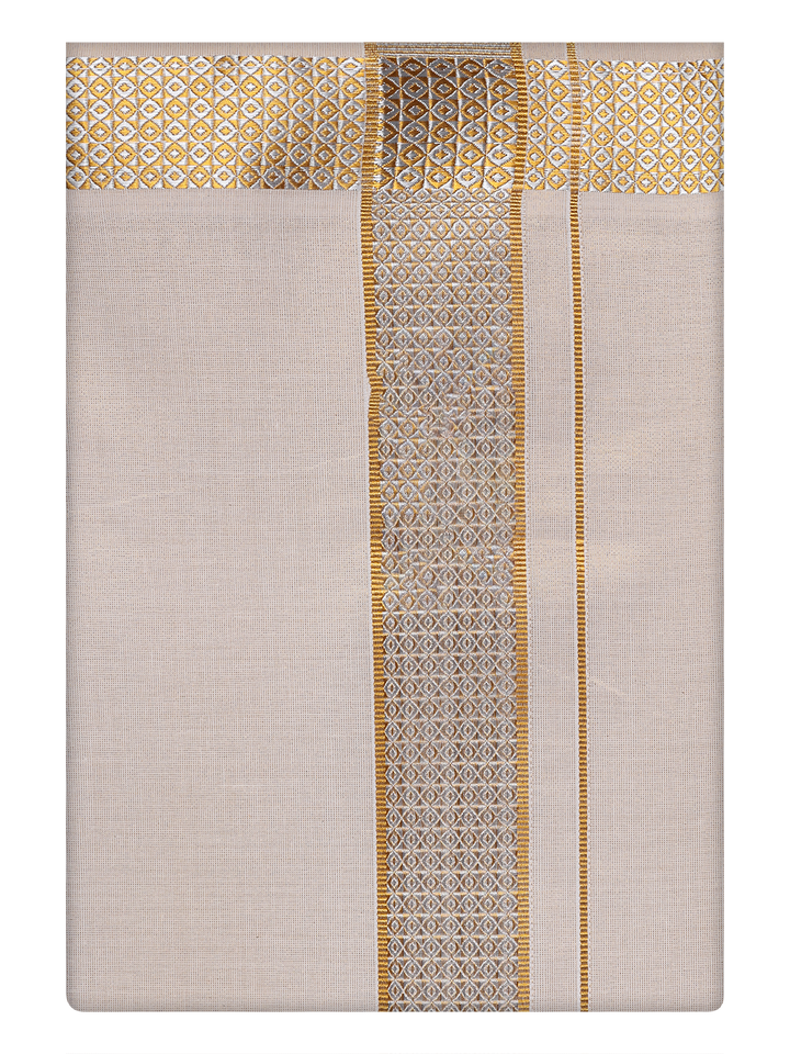 Mens Tissue Gold Dhoti with Intricate Jacquard Border by Minister White 
