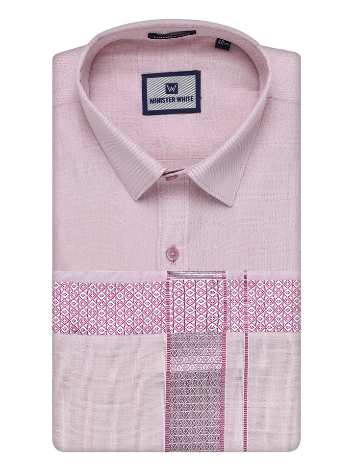 Mens Rose Tissue Shirt and Dhoti Set with Intricate Jacquard Border Plum by Minister White