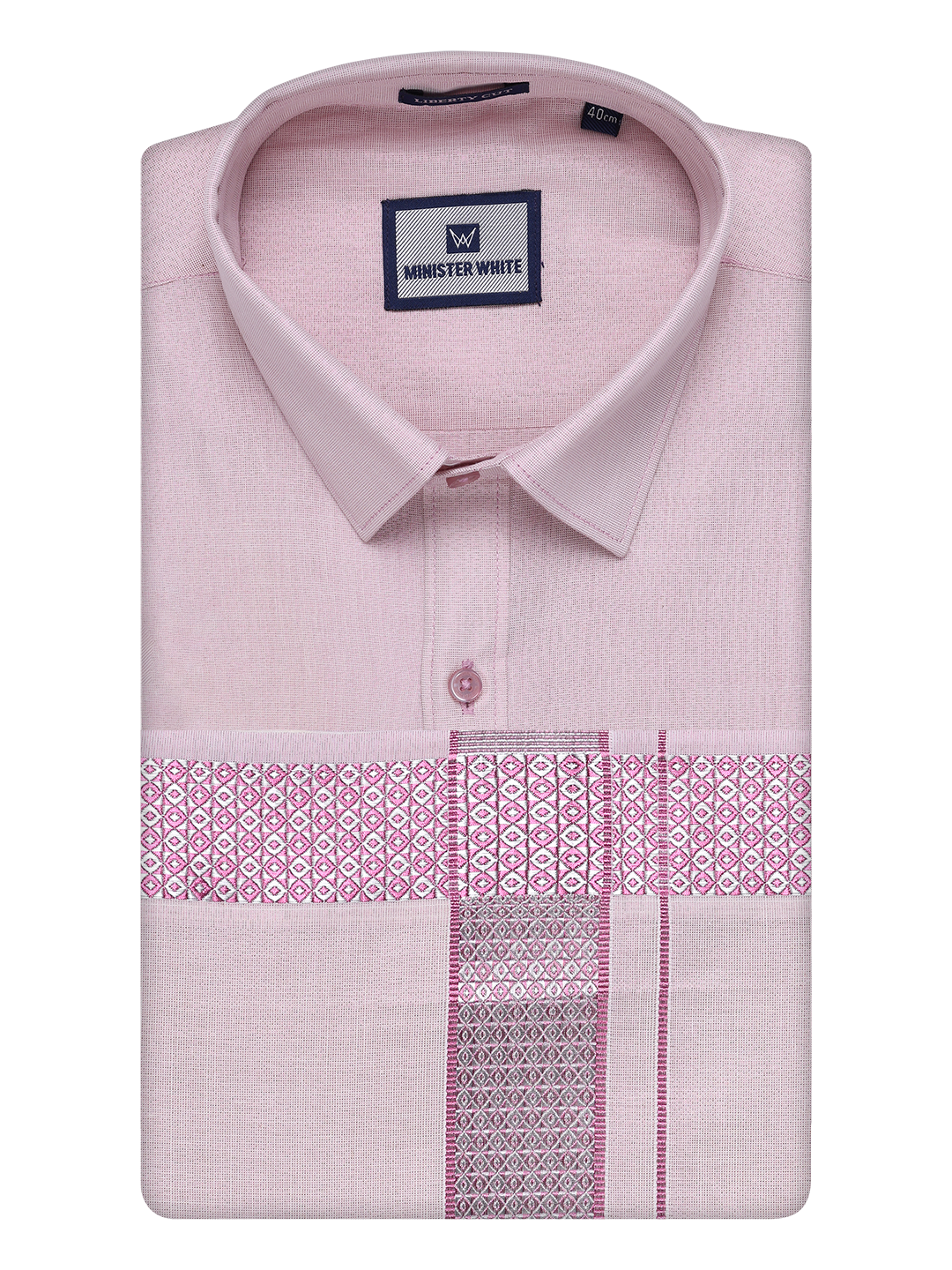 Mens Rose Tissue Shirt and Dhoti Set with Intricate Jacquard Border Plum by Minister White